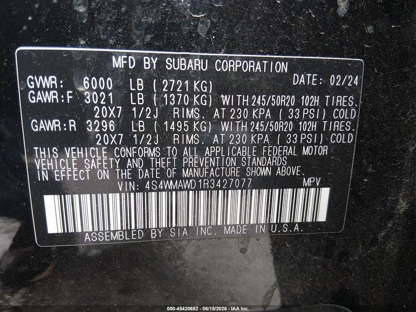 2024 Subaru Ascent Touring 7-Passenger VIN: 4S4WMAWD1R3427077 Lot: 45420682