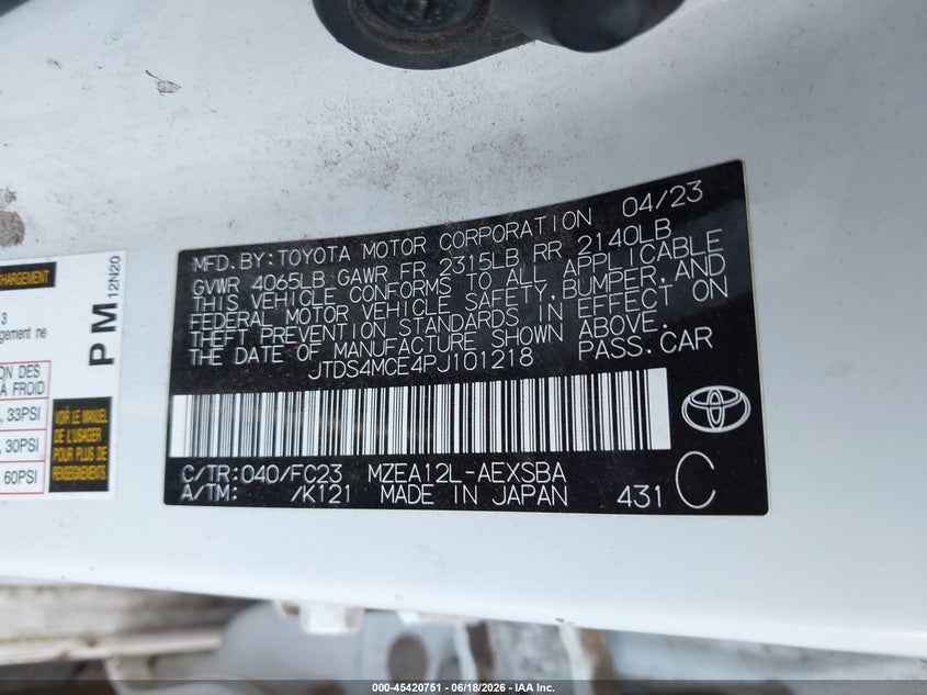 VIN JTDS4MCE4PJ101218 2023 TOYOTA COROLLA SE
