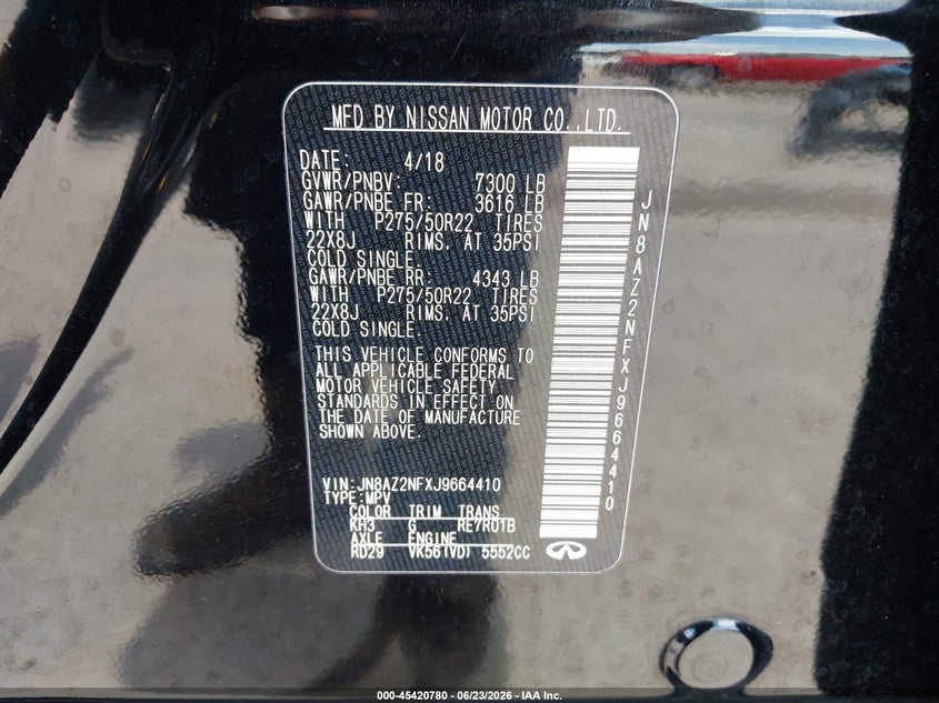 2018 Infiniti Qx80 VIN: JN8AZ2NFXJ9664410 Lot: 45420780