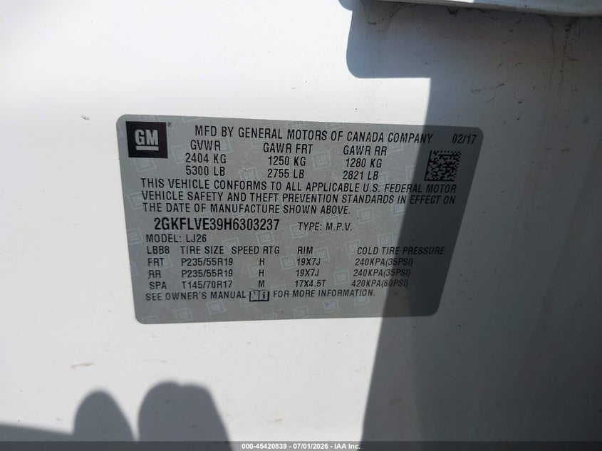 2017 GMC Terrain Denali VIN: 2GKFLVE39H6303237 Lot: 45420839
