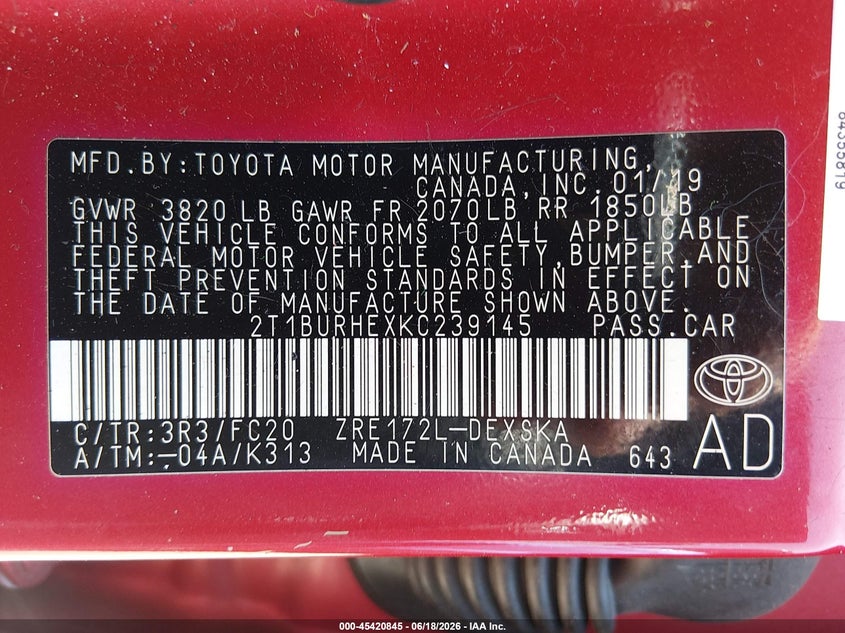 VIN 2T1BURHEXKC239145 2019 TOYOTA COROLLA SE