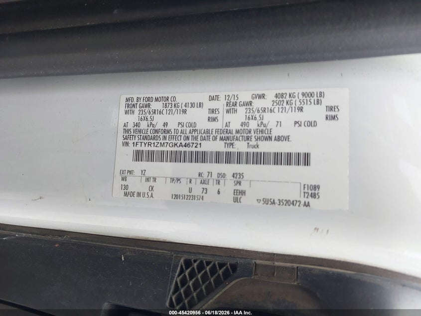 2016 Ford Transit-250 VIN: 1FTYR1ZM7GKA46721 Lot: 45420956