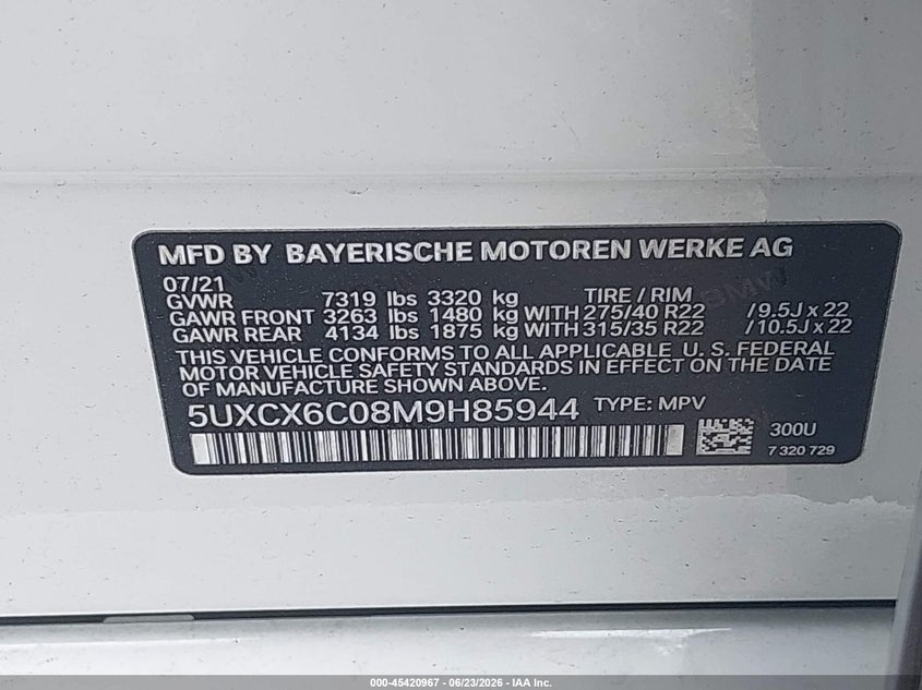 2021 BMW X7 M50I VIN: 5UXCX6C08M9H85944 Lot: 45420967