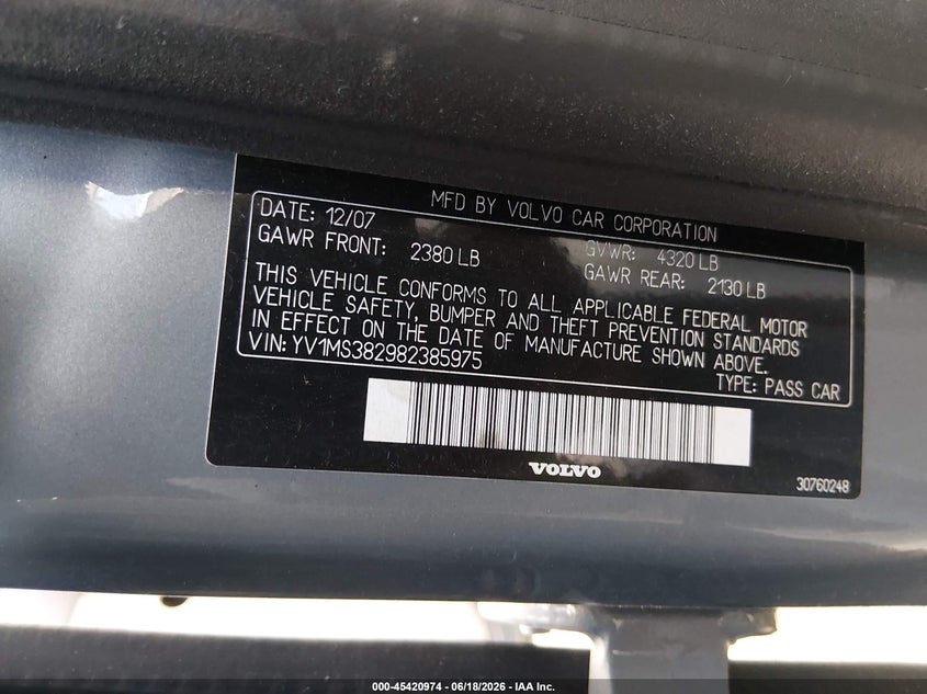 2008 Volvo S40 2.4L/2.4L W/Snrf VIN: YV1MS382982385975 Lot: 45420974