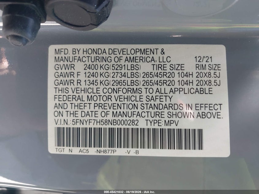 2022 Honda Passport 2Wd Ex-L VIN: 5FNYF7H58NB000282 Lot: 45421032