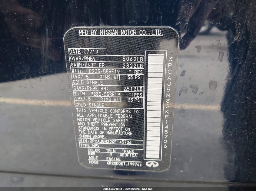 2019 Infiniti Qx50 Essential VIN: 3PCAJ5M32KF145726 Lot: 45421033