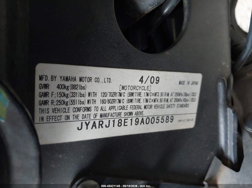 2009 Yamaha Fz6 R VIN: JYARJ18E19A005589 Lot: 45421146