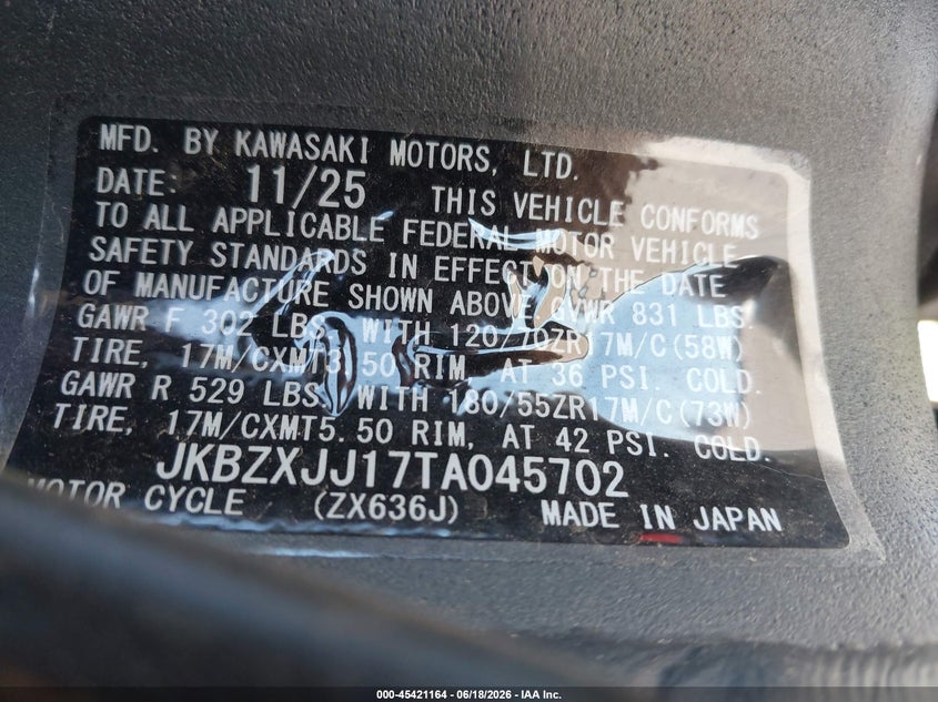 2026 Kawasaki Zx636 K VIN: JKBZXJJ17TA045702 Lot: 45421164