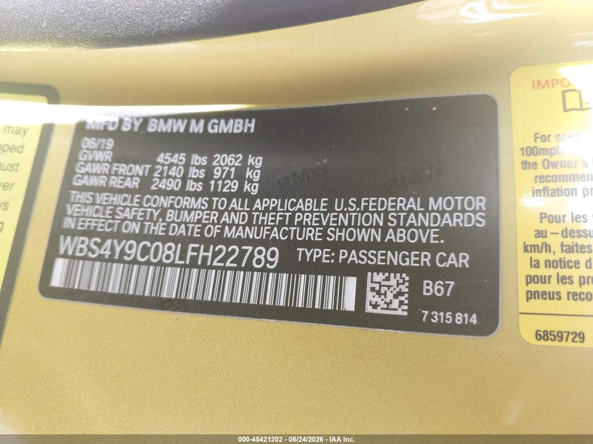 2020 BMW M4 VIN: WBS4Y9C08LFH22789 Lot: 45421202