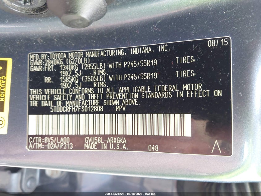2015 TOYOTA HIGHLANDER SPORT UTILITY VEHICLE 3.5L V-6 DOHC, VVT, 231HP