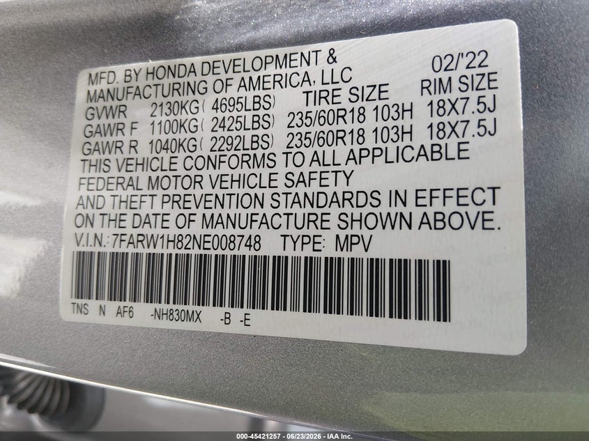 VIN 7FARW1H82NE008748 2022 HONDA CR-V 2WD EX-L
