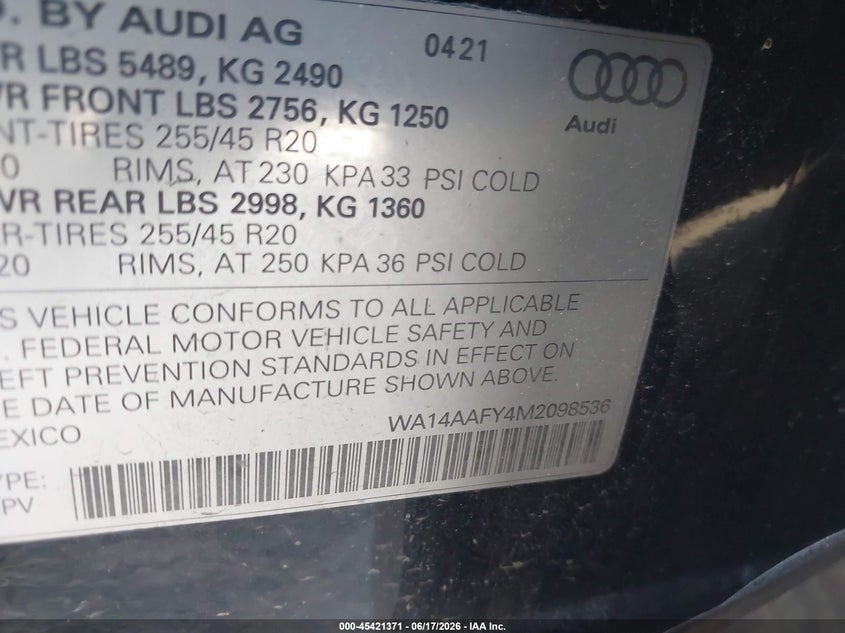 2021 Audi Q5 Sportback Premium 45 Tfsi Quattro S Tronic VIN: WA14AAFY4M2098536 Lot: 45421371
