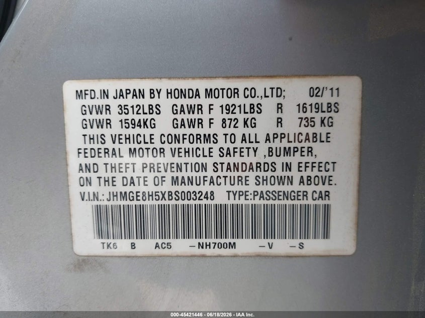 2011 Honda Fit Sport VIN: JHMGE8H5XBS003248 Lot: 45421446