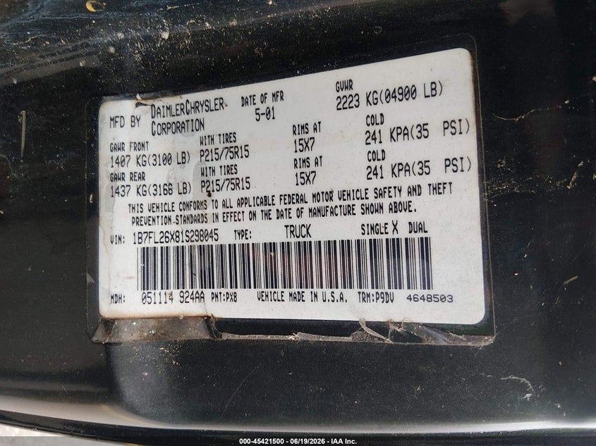2001 Dodge Dakota Slt/Sport VIN: 1B7FL26X81S298045 Lot: 45421500