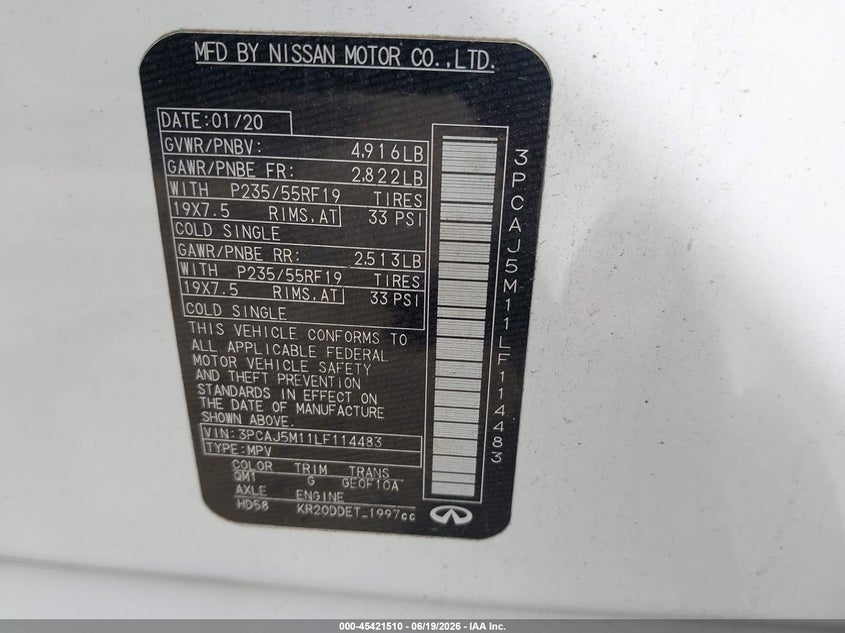 2020 Infiniti Qx50 Luxe VIN: 3PCAJ5M11LF114483 Lot: 45421510