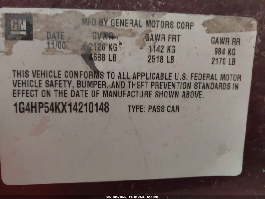2001 Buick Lesabre Custom VIN: 1G4HP54KX14210148 Lot: 45421520