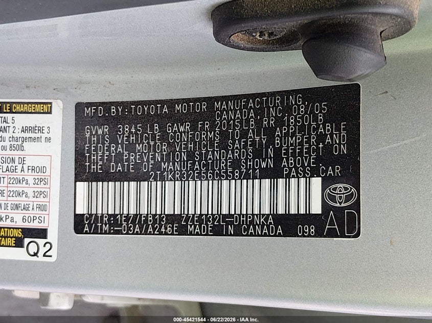 2006 Toyota Matrix Xr VIN: 2T1KR32E56C558711 Lot: 45421544