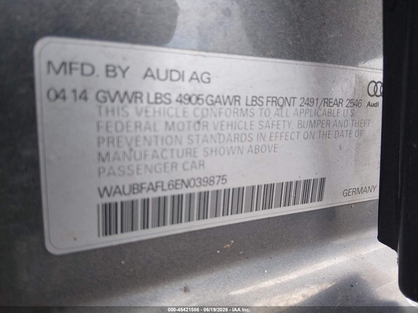 2014 Audi A4 2.0T Premium VIN: WAUBFAFL6EN039875 Lot: 45421586