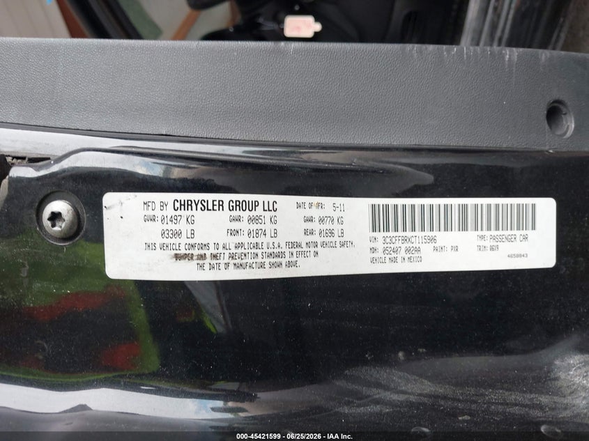 2012 Fiat 500 Sport VIN: 3C3CFFBRXCT115906 Lot: 45421599
