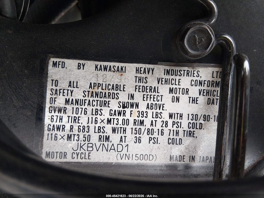 1997 Kawasaki Vn1500 D VIN: JKBVNAD18VA067548 Lot: 45421623