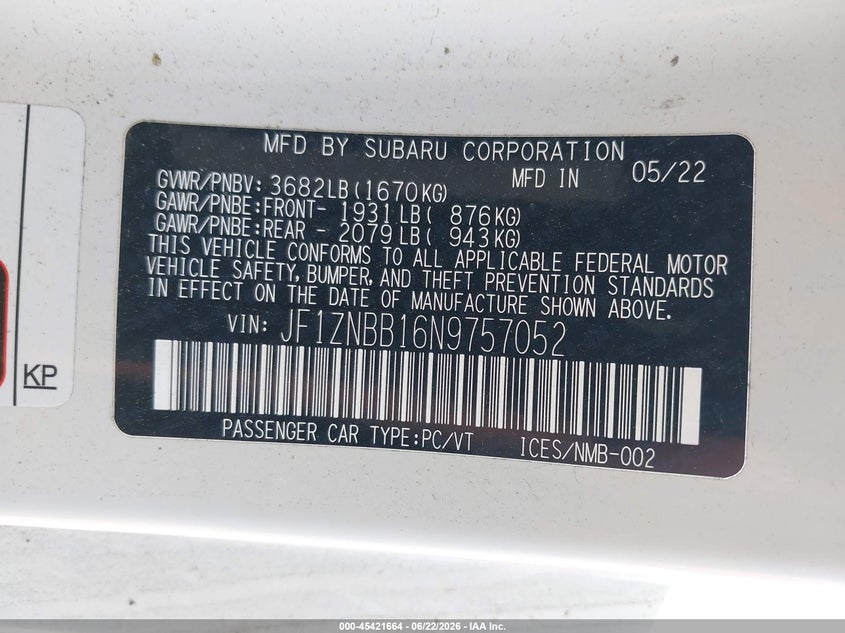 2022 Toyota Gr86 VIN: JF1ZNBB16N9757052 Lot: 45421664