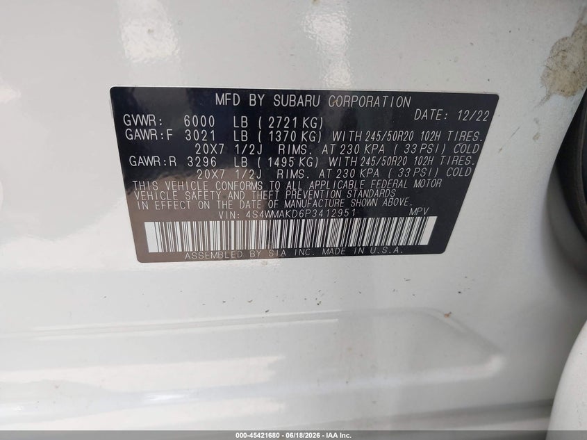2023 Subaru Ascent Onyx Edition Limited 7-Passenger VIN: 4S4WMAKD6P3412951 Lot: 45421680