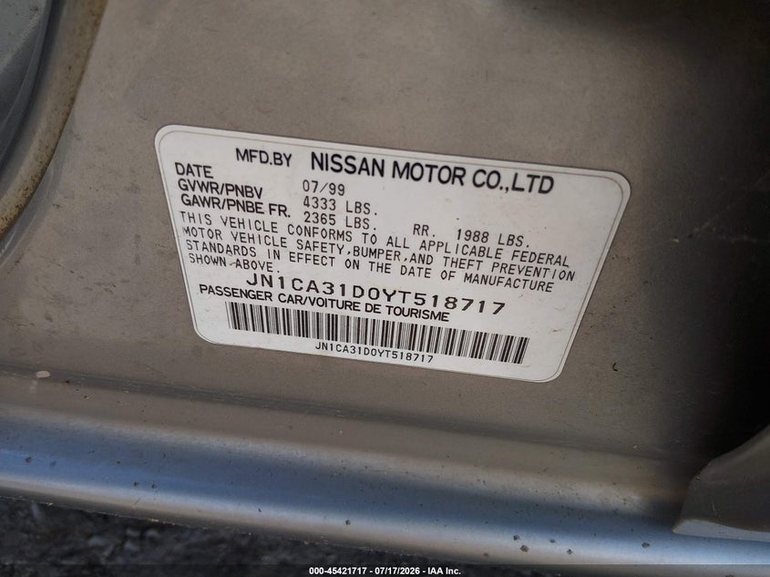 2000 Nissan Maxima Gle/Gxe/Se VIN: JN1CA31D0YT518717 Lot: 45421717