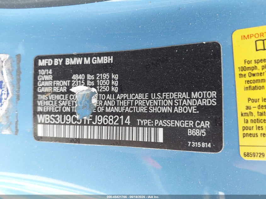 2015 BMW M4 VIN: WBS3U9C51FJ968214 Lot: 45421766