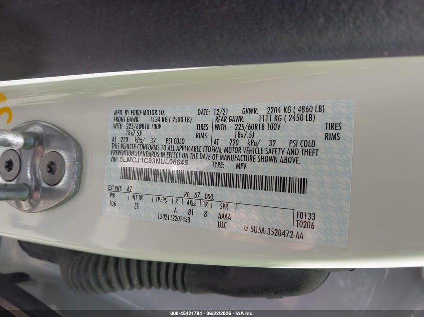 2022 Lincoln Corsair Standard VIN: 5LMCJ1C93NUL06645 Lot: 45421784