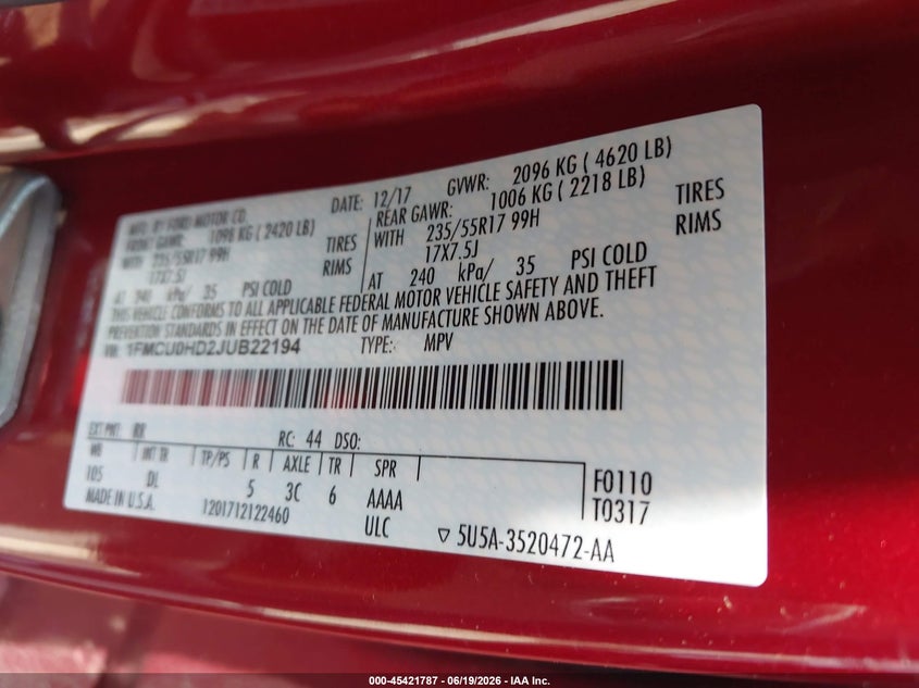 VIN 1FMCU0HD2JUB22194 2018 FORD ESCAPE SEL