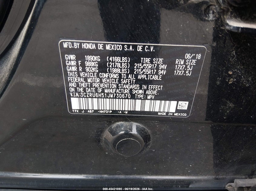 VIN 3CZRU6H51JM730670 2018 HONDA HR-V EX