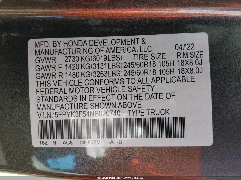 2022 Honda Ridgeline Rtl VIN: 5FPYK3F54NB020740 Lot: 45421948