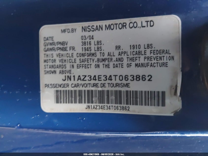 2004 Nissan 350Z Enthusiast VIN: JN1AZ34E34T063862 Lot: 45421969