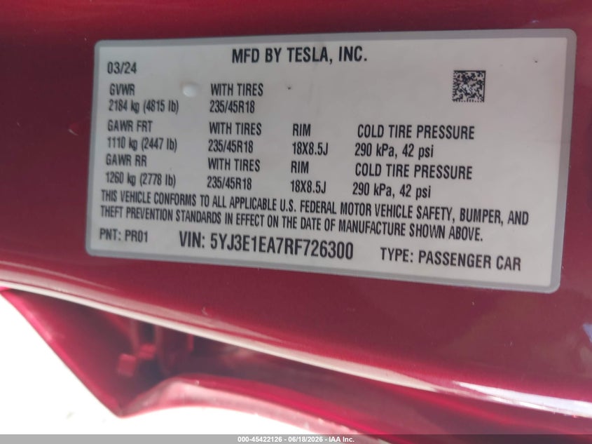 2024 Tesla Model 3 Long Range Dual Motor All-Wheel Drive/Rear-Wheel Drive VIN: 5YJ3E1EA7RF726300 Lot: 45422126