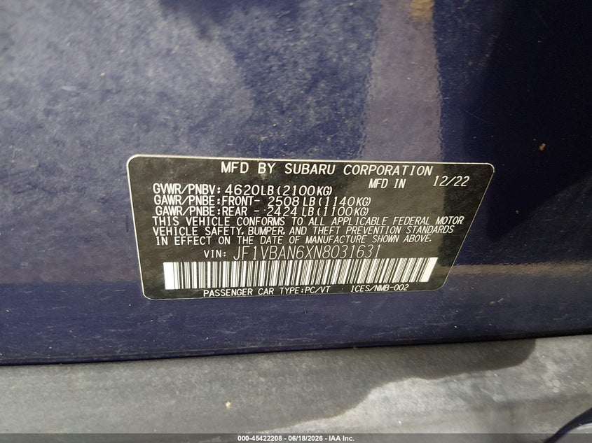 2022 Subaru Wrx Limited VIN: JF1VBAN6XN8031631 Lot: 45422208