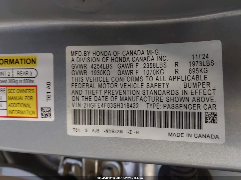 VIN 2HGFE4F83SH318422 2025 HONDA CIVIC HYBRID SPORT/SPORT TOURING