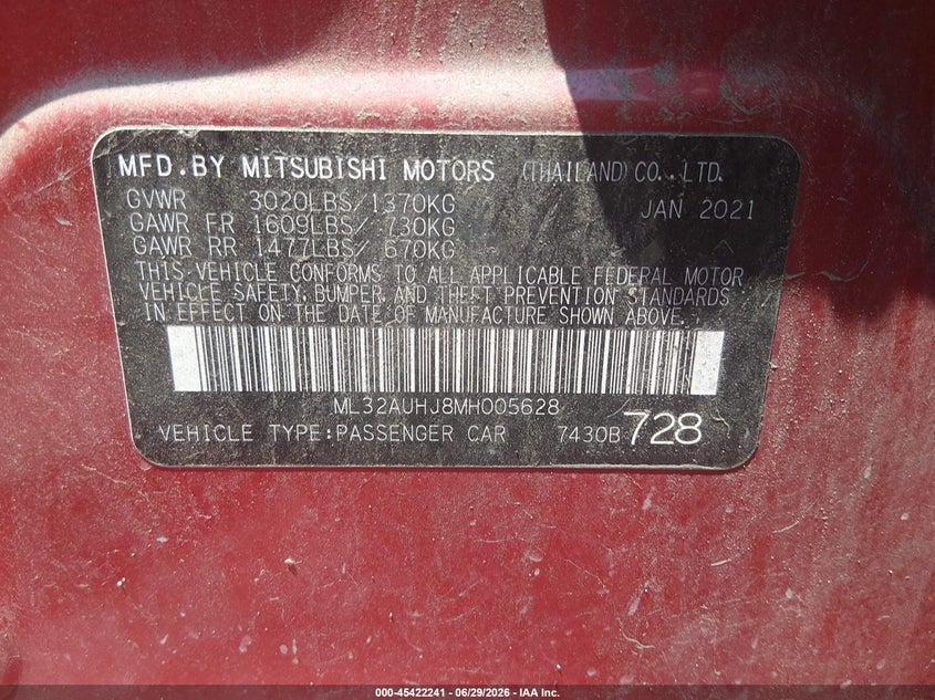 2021 Mitsubishi Mirage Carbonite Edition/Es/Le VIN: ML32AUHJ8MH005628 Lot: 45422241