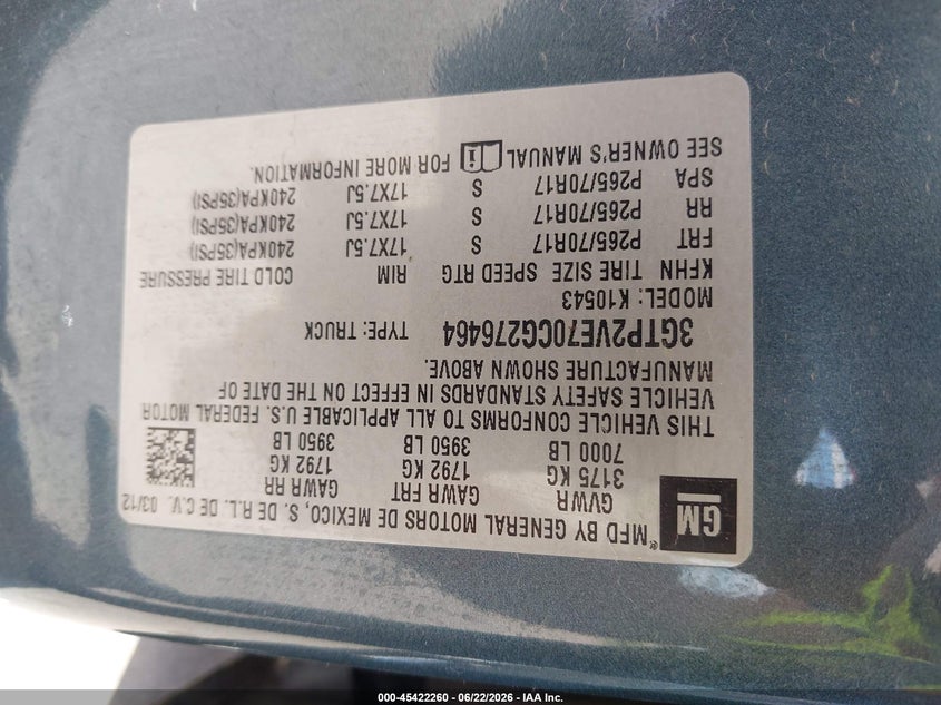GMC SIERRA 1500 2012 VIN 3GTP2VE70CG276464