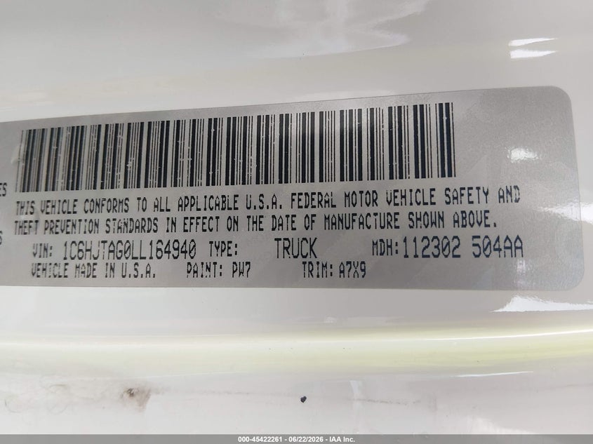 2020 Jeep Gladiator Sport 4X4 VIN: 1C6HJTAG0LL164940 Lot: 45422261
