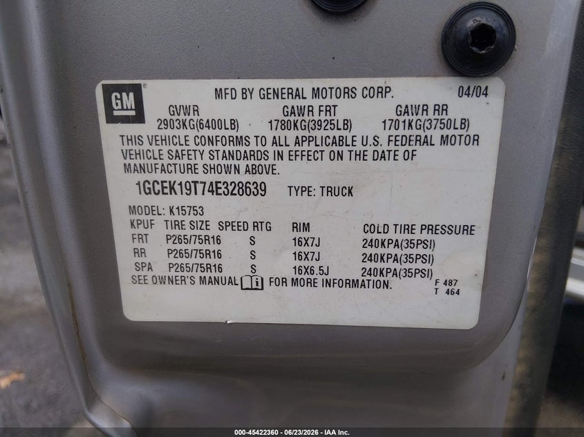 CHEVROLET SILVERADO 1500 2004 VIN 1GCEK19T74E328639