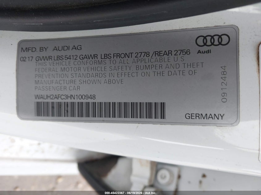 AUDI A6 2017 VIN WAUH2AFC3HN100948