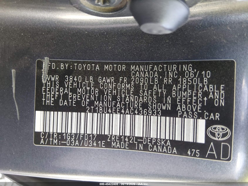 2010 TOYOTA COROLLA SEDAN 1.8L I-4 DOHC, VVT, 132HP