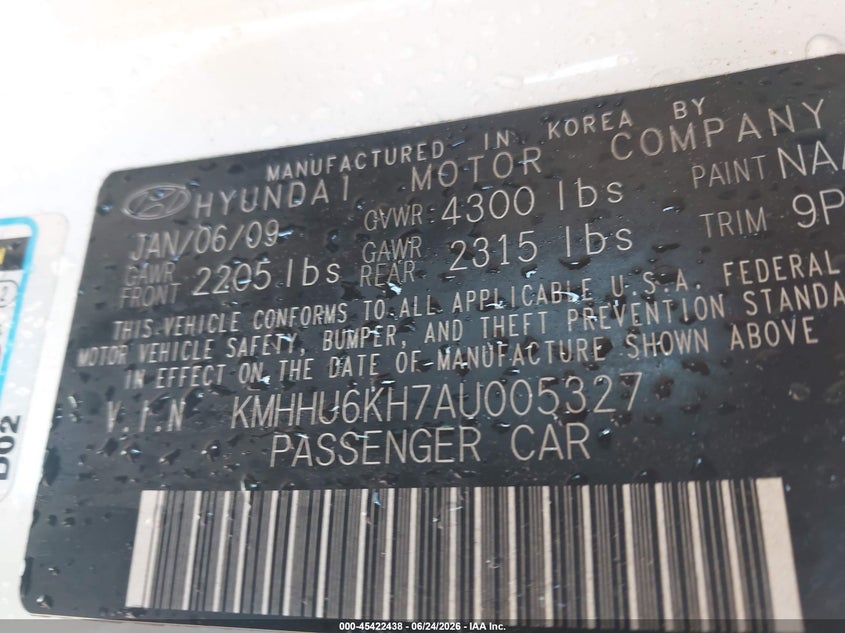 2010 Hyundai Genesis 3.8 VIN: KMHHU6KH7AU005327 Lot: 45422438