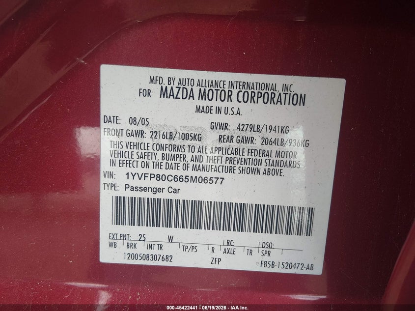 2006 Mazda Mazda6 I VIN: 1YVFP80C665M06577 Lot: 45422441