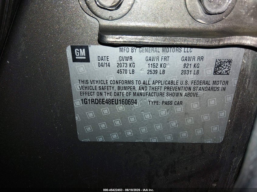 2014 Chevrolet Volt VIN: 1G1RD6E48EU160694 Lot: 45422453
