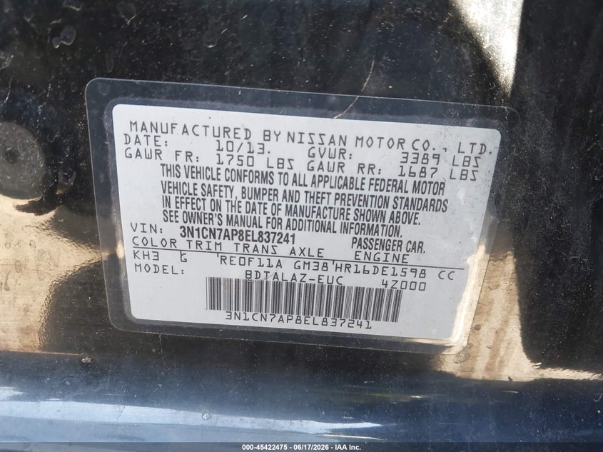 2014 Nissan Versa 1.6 S+ VIN: 3N1CN7AP8EL837241 Lot: 45422475