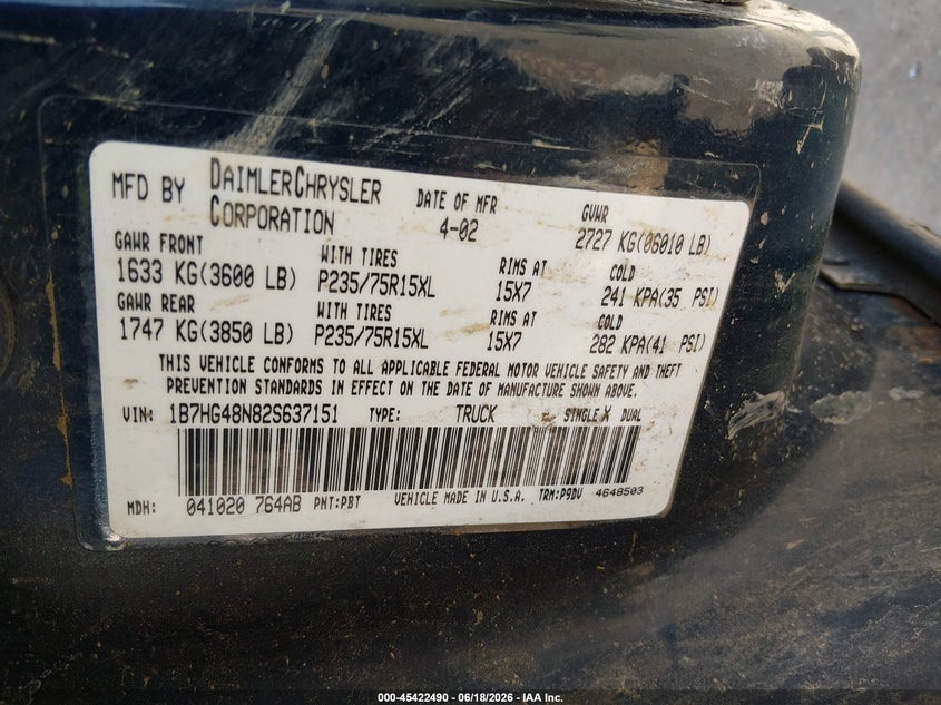 2002 Dodge Dakota Slt VIN: 1B7HG48N82S637151 Lot: 45422490