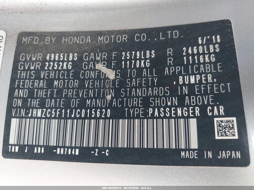 2018 Honda Clarity Plug-In Hybrid VIN: JHMZC5F11JC015620 Lot: 45422515