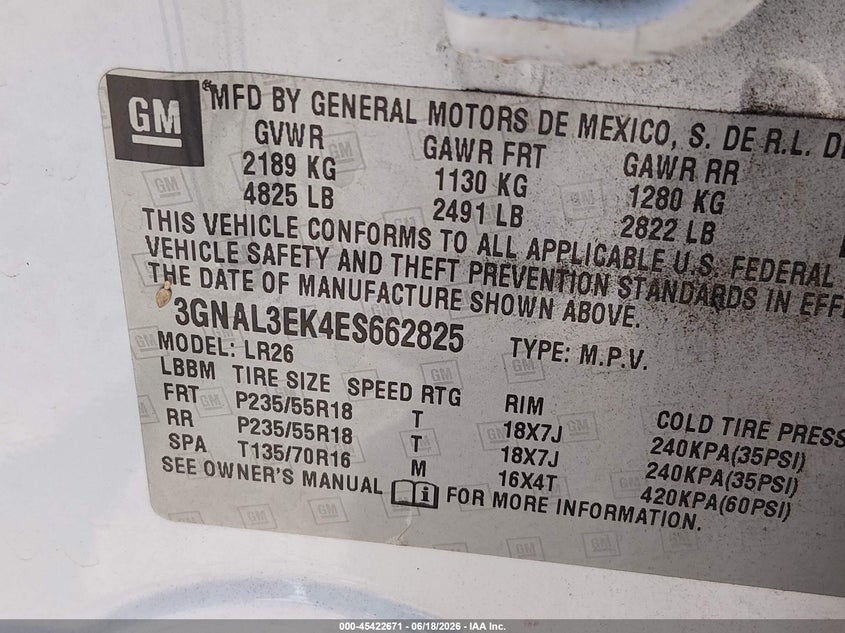 2014 Chevrolet Captiva Sport Fleet Lt VIN: 3GNAL3EK4ES662825 Lot: 45422671