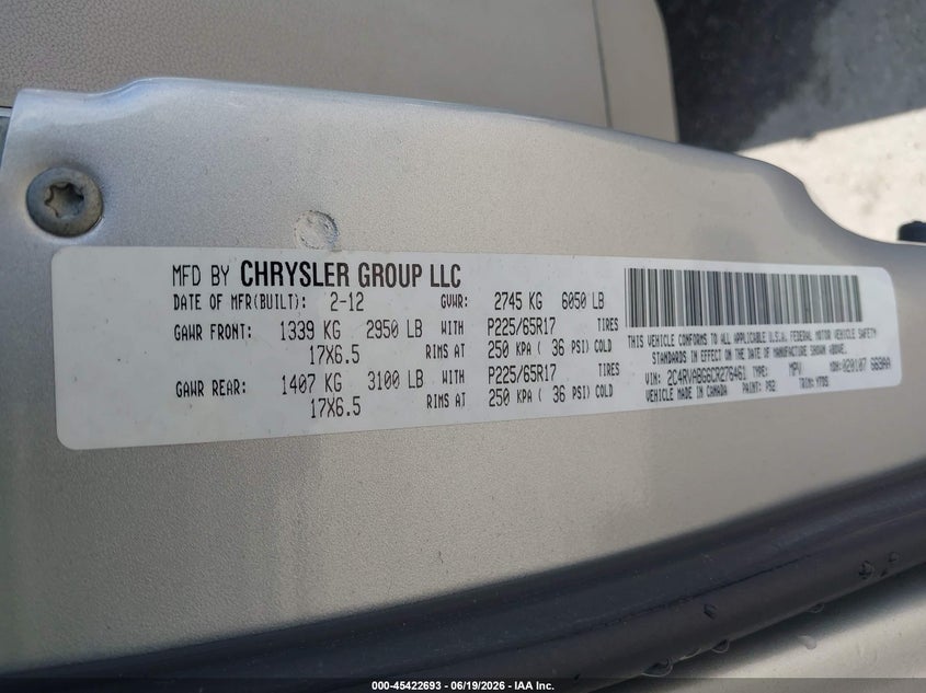 2012 Volkswagen Routan Se VIN: 2C4RVABG6CR276461 Lot: 45422693
